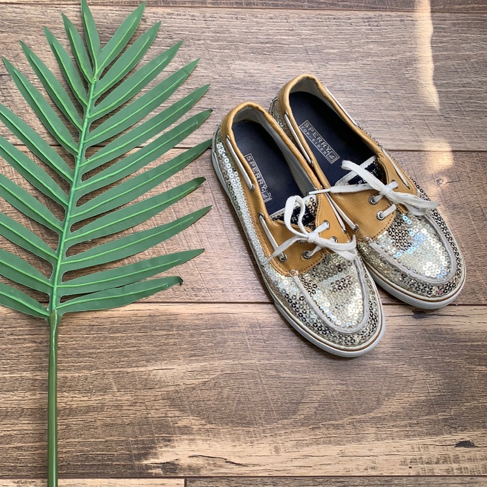 Sperry Top Sider Gold Sequins Boat Loafers sz 7.5